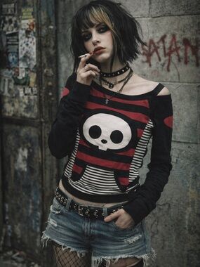 Skelanimals Skull Striped Top Black Red & White Goth Emo Y2K Size L